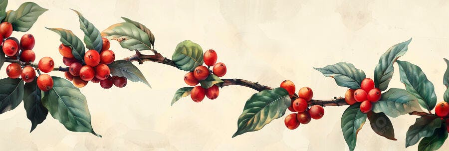Galhos de café com frutos vermelhos e folhas verdes ilustração botânica