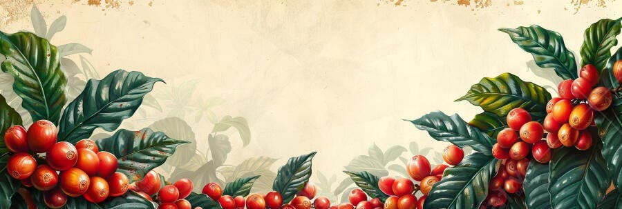 Ramos de café com grãos vermelhos maduros e folhas verdes ilustração botânica