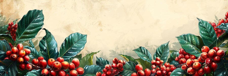 Café cereja vermelho maduro em galhos com folhas verdes vibrantes