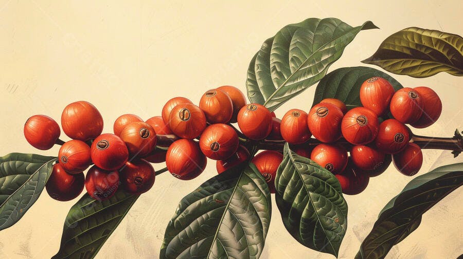 Frutos de café maduros vermelhos em galho com folhas verdes ilustração botânica