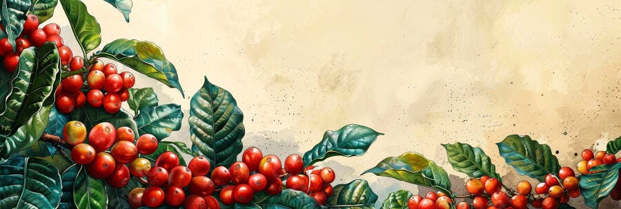 Cafezal com grãos vermelhos maduros e folhas verdes ilustração aquarela