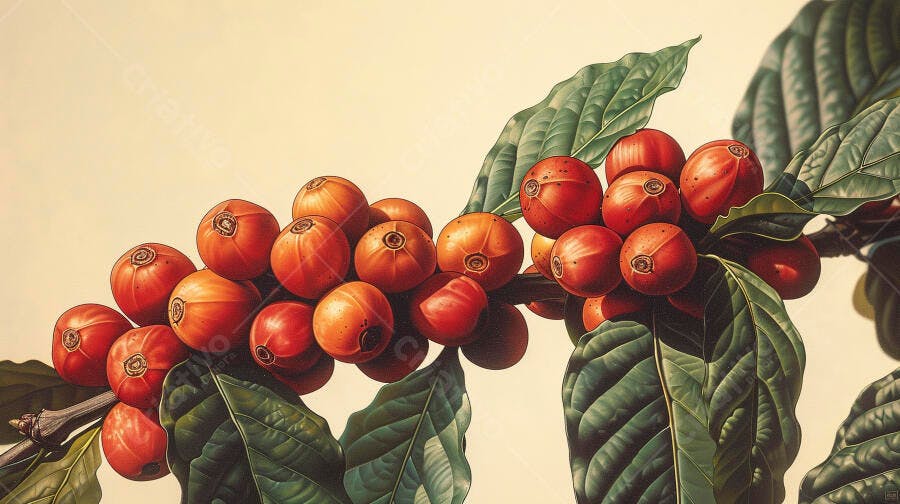 Frutos de café maduros vermelho alaranjado e folhas verdes em galho