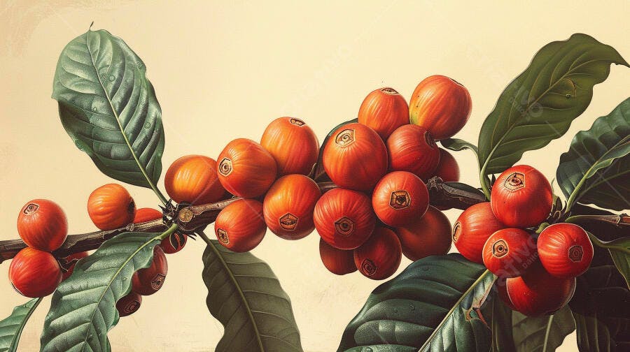 Cerejas de café vermelhas na planta com folhas verdes estilo botânico