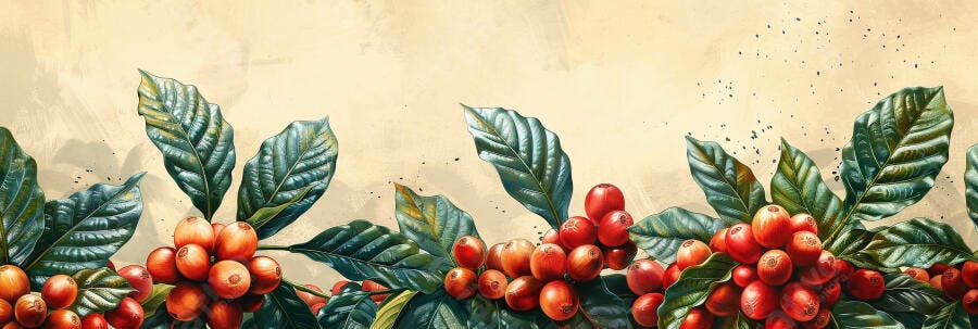 Ramos de café com bagas vermelhas e folhas verdes em fundo bege