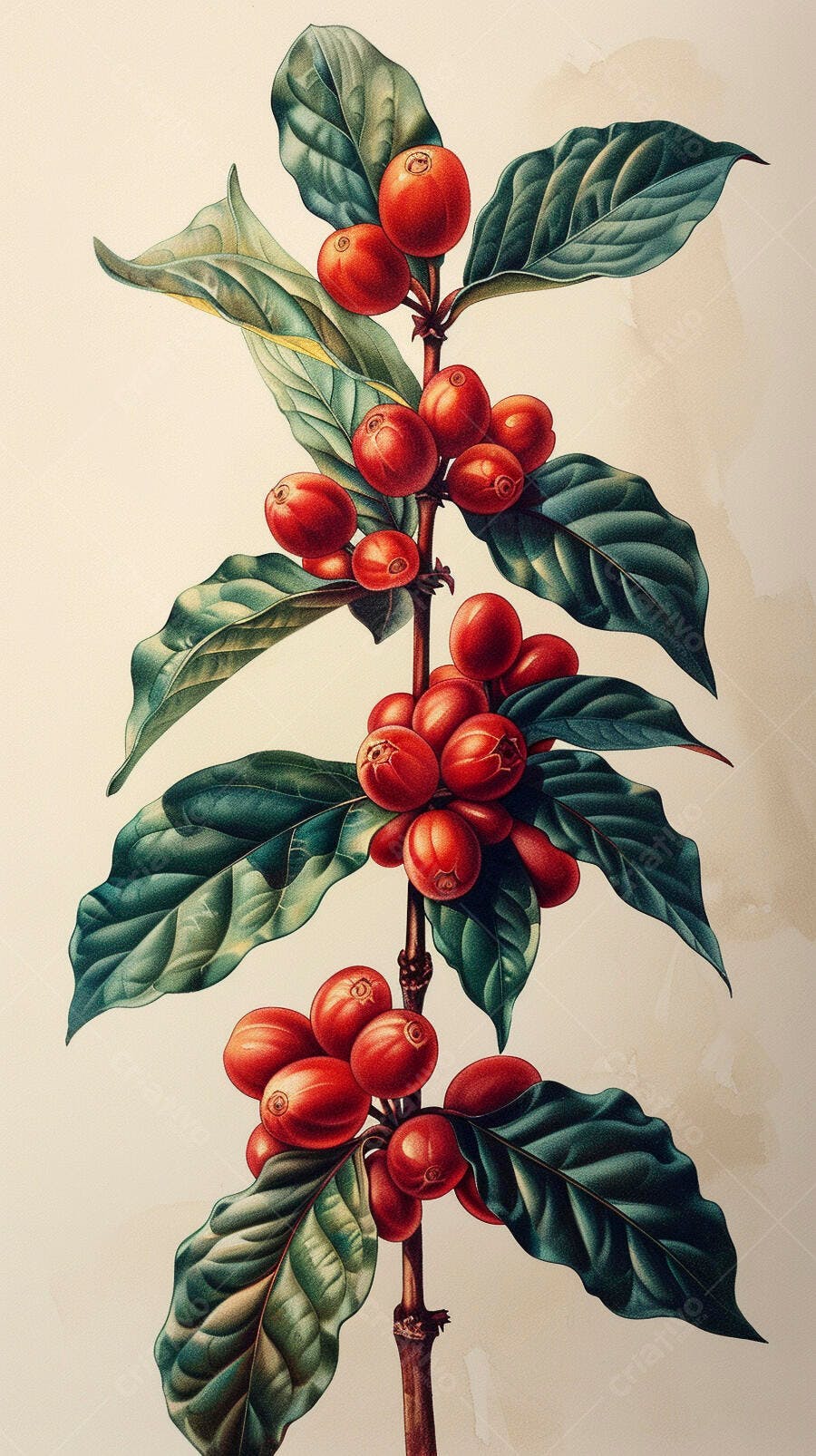 Planta de café cerejas vermelhas e folhas verdes ilustração botânica