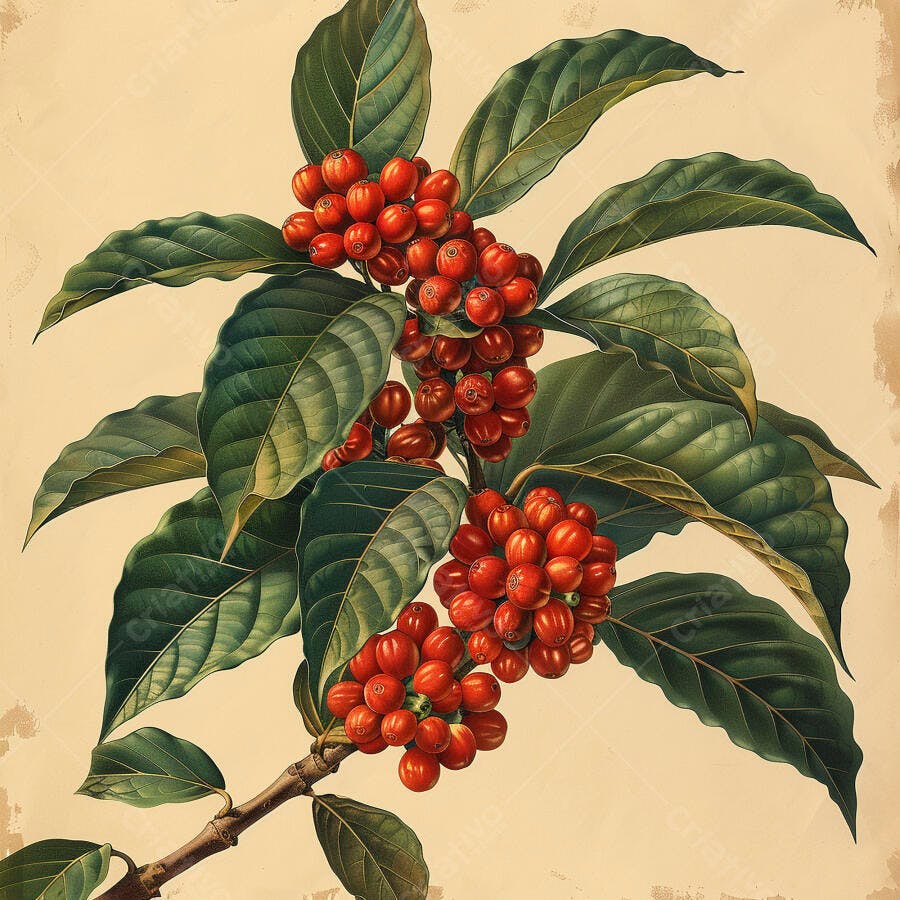Planta de café com bagas vermelhas e folhas ilustração botânica vintage