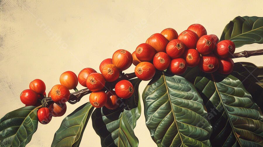Frutos de café maduros em galho com folhas verdes vibrantes e fundo bege