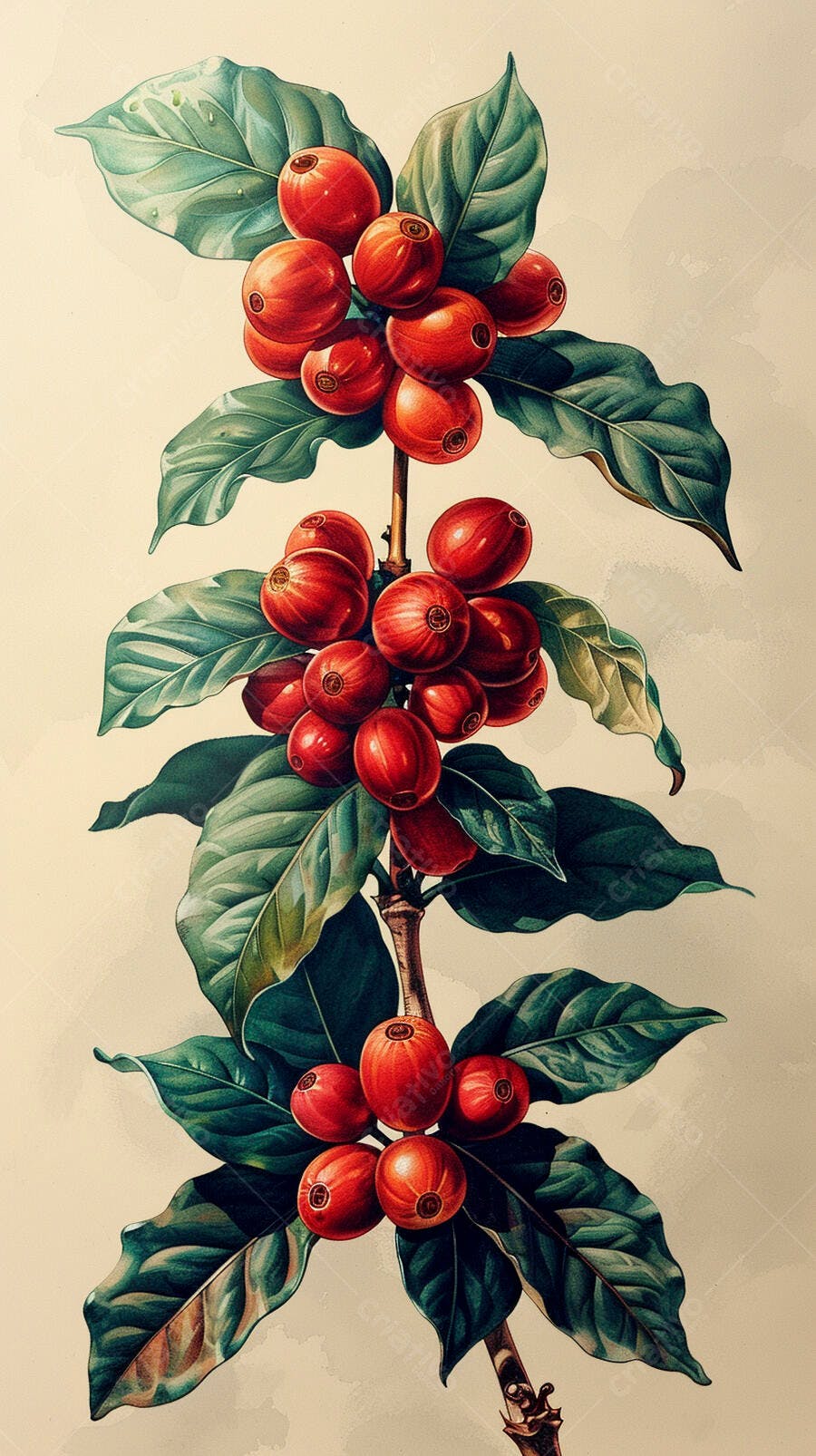 Café grãos vermelhos maduros em galho ilustracao botanica vintage