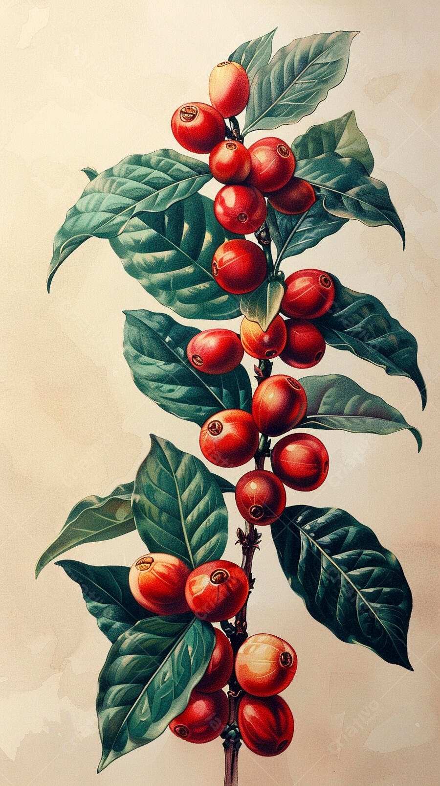 Café cerejas vermelhas maduras folhas verdes ilustração botânica