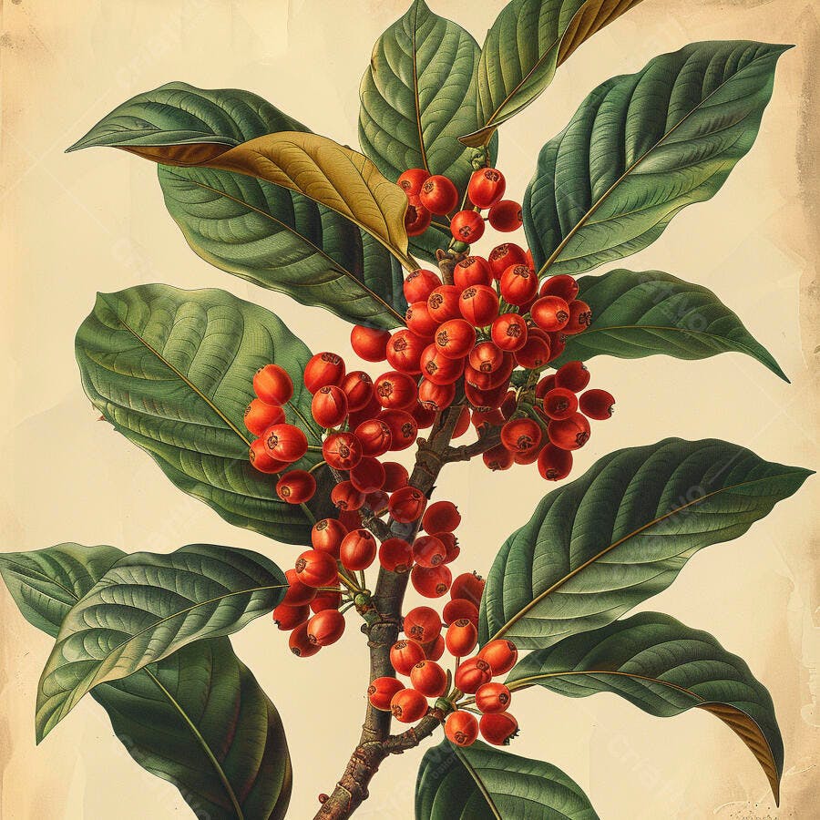 Ilustração botânica ramo com bagas vermelhas e folhas verdes estilo vintage