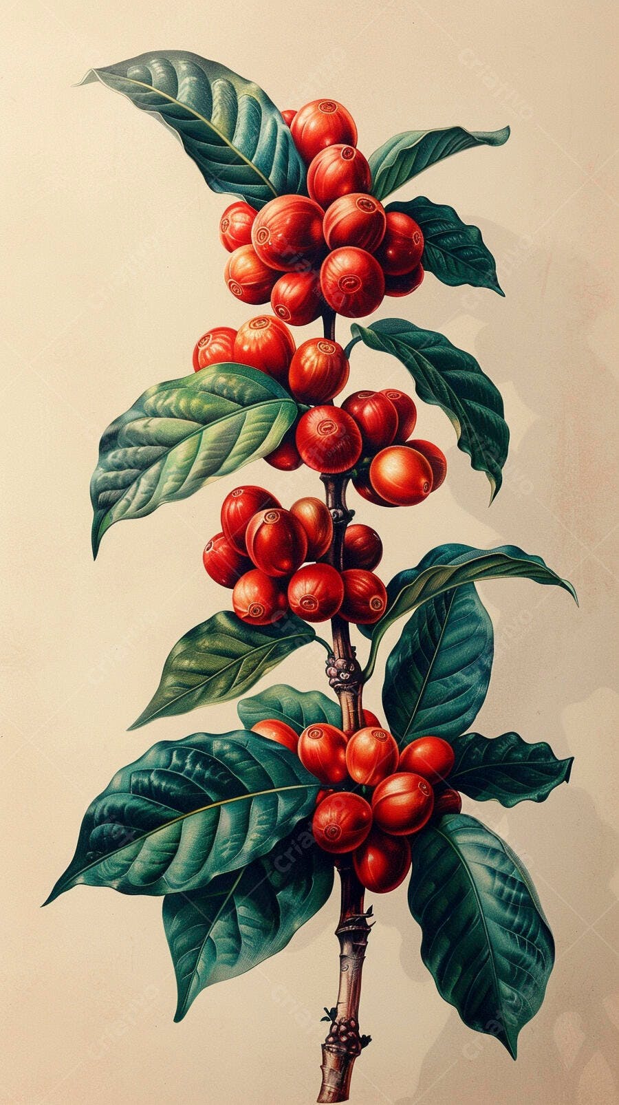 Planta de café com grãos vermelhos maduros ilustração botânica