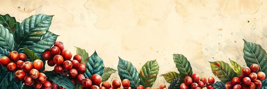 Cerejas de café vermelhas e folhas verdes em fundo aquarelado creme