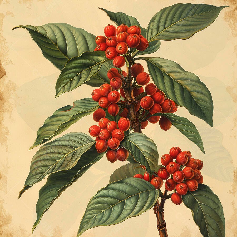 Planta de café com cerejas vermelhas e folhas verdes em ilustração vintage