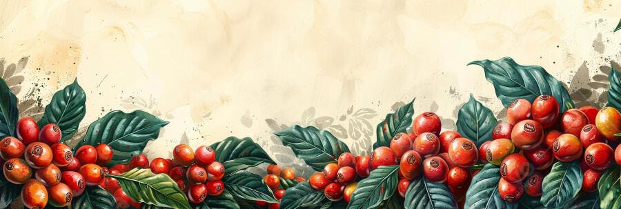 Frutos de café vermelhos com folhas verdes em fundo aquarela claro