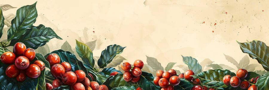 Grãos de café vermelhos e folhas verdes em ilustração botânica vibrante