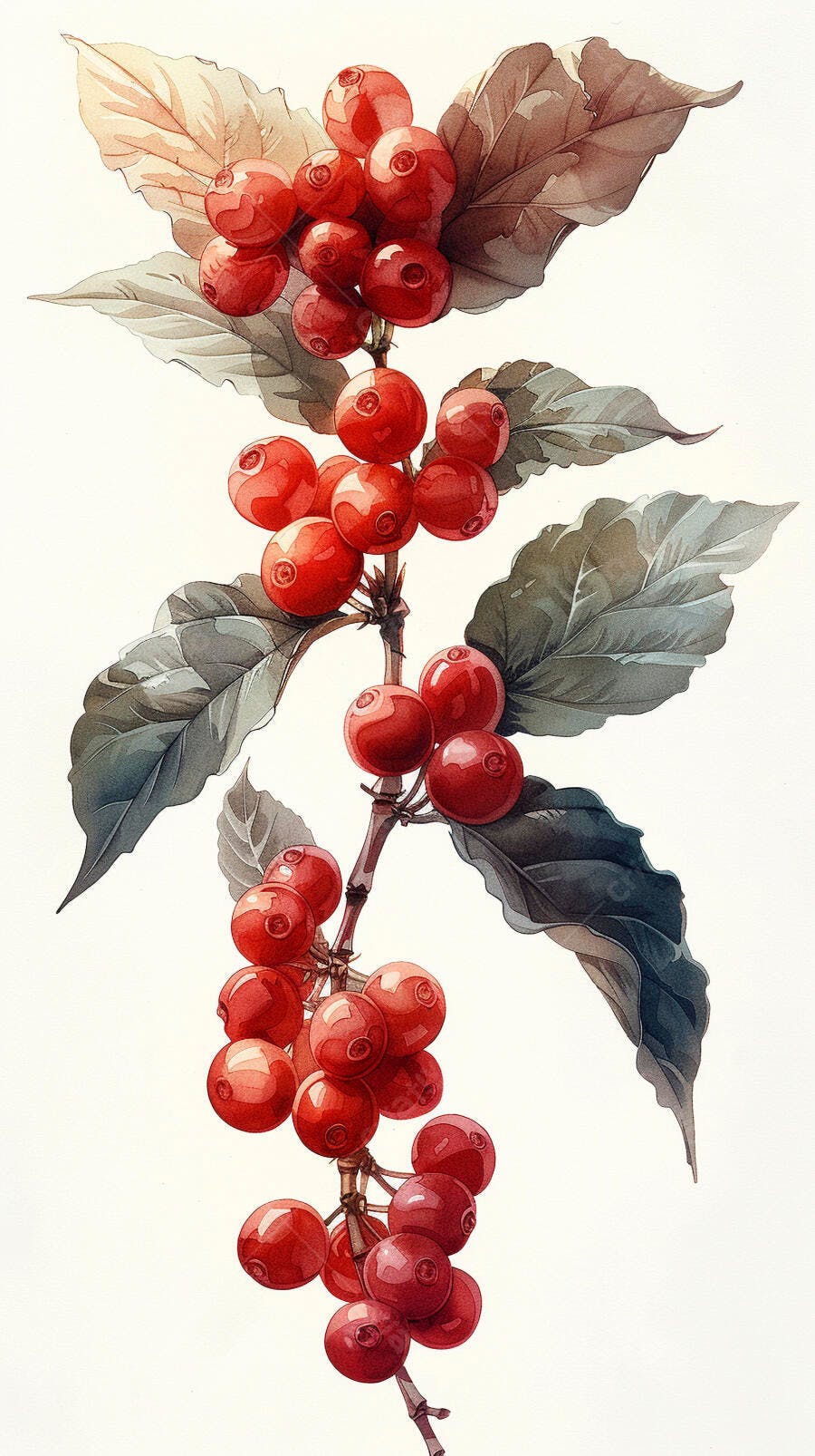 Cerejas de café maduras em galho com folhas estilo aquarela
