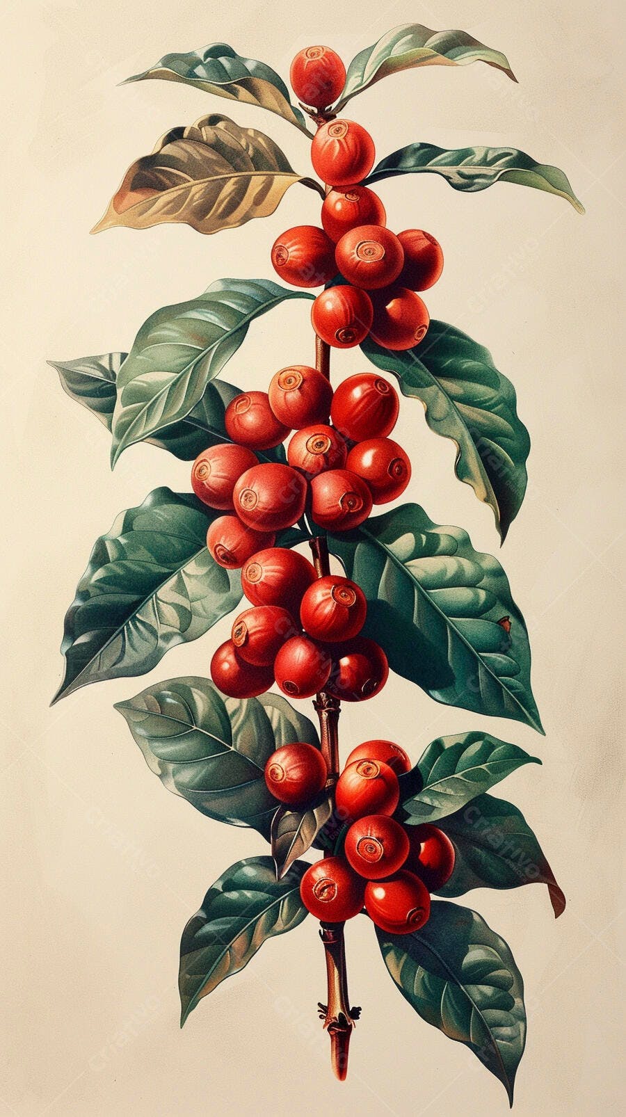 Pé de café com frutos maduros e folhas verdes ilustração botânica