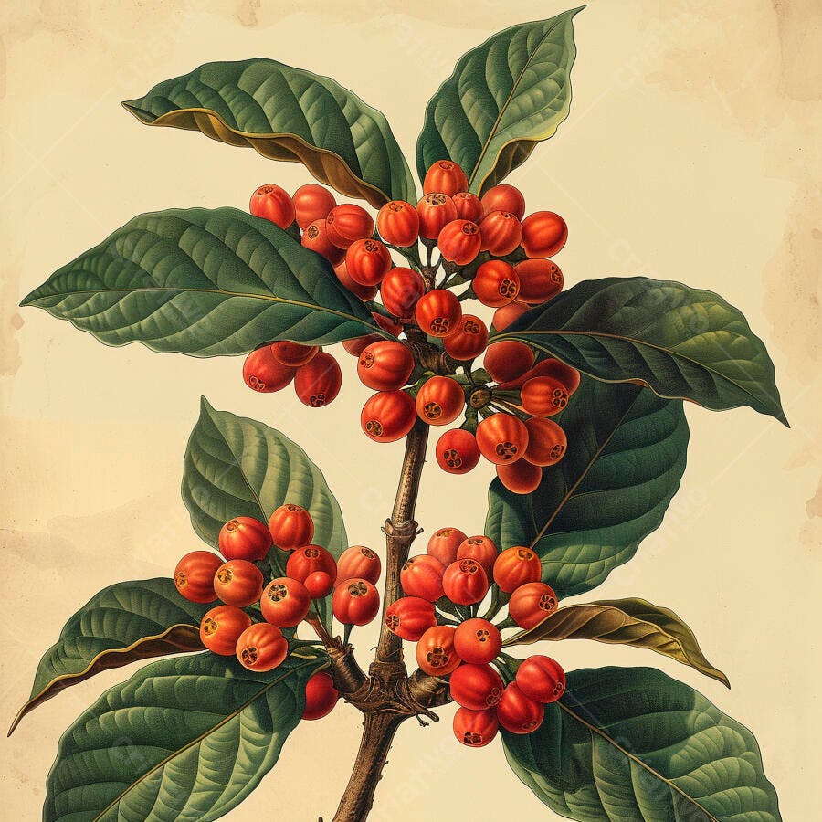 Ramo de café com cerejas vermelhas maduras folhas verdes ilustração botânica vintage