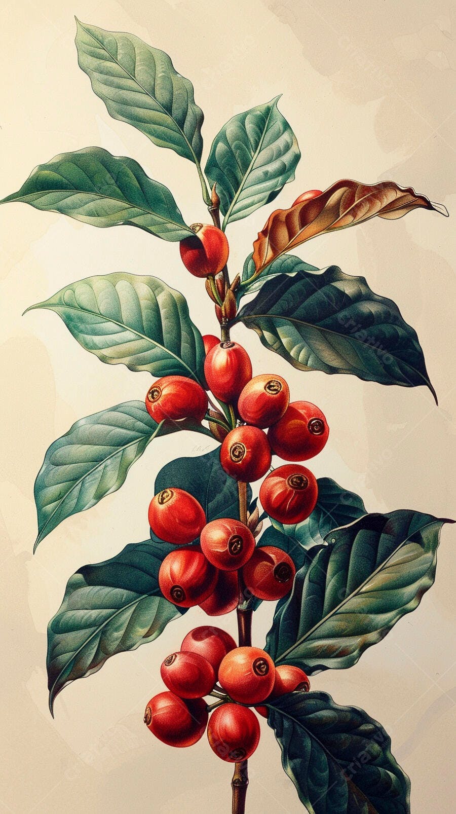 Planta de café com grãos vermelhos maduros e folhas verdes ilustração botânica