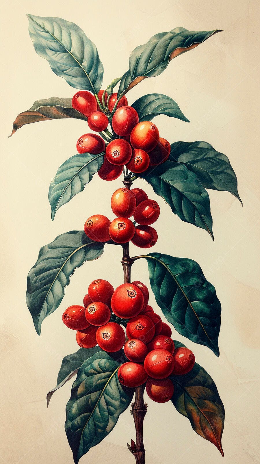 Grãos de café vermelhos maduros em galho com folhas verdes ilustração botânica