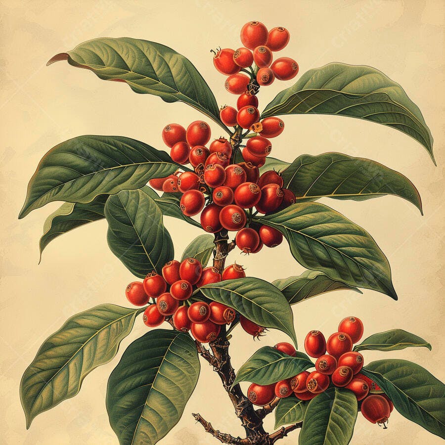 Cafeeiro com frutos vermelhos maduros e folhas verdes ilustração botânica
