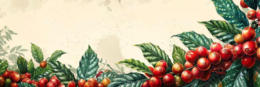 Ilustração de cafeeiro com frutos vermelhos e folhas verdes em fundo claro