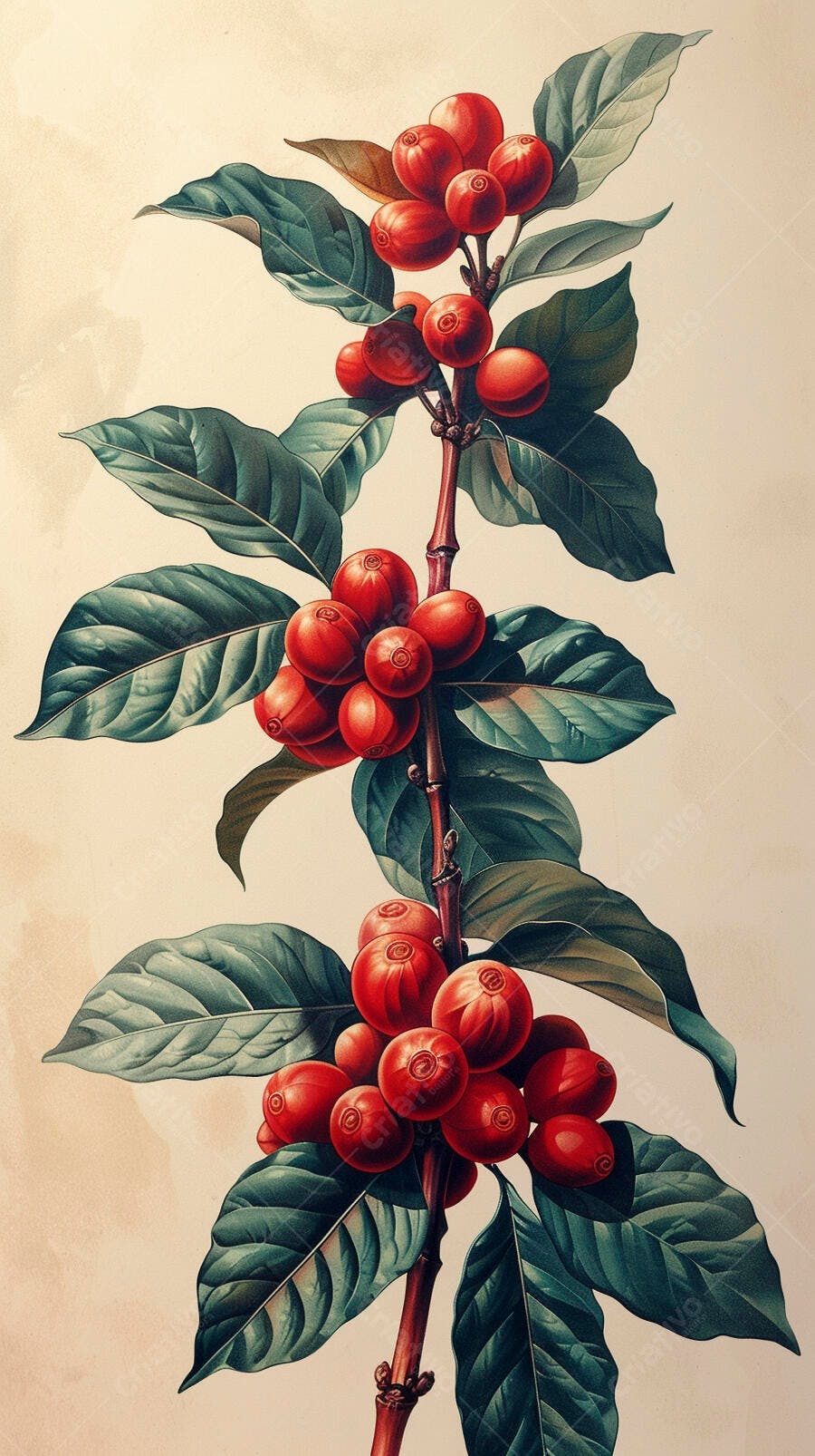 Ramo de café com cerejas vermelhas maduras e folhas verdes vibrantes