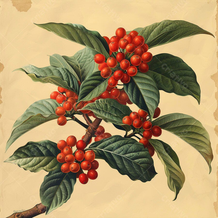Frutos vermelhos e folhas verdes em ilustração botânica vintage
