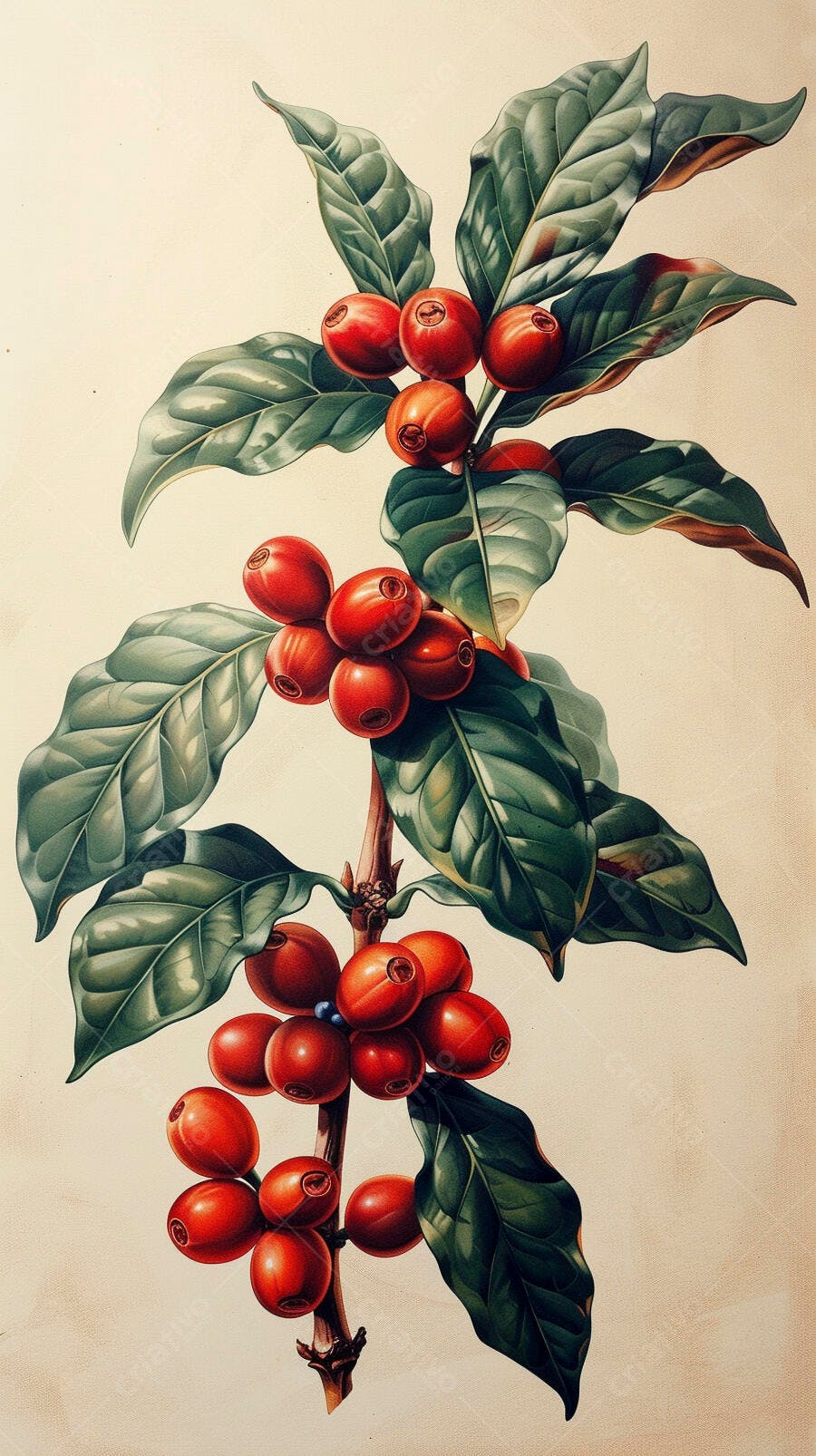 Ramo de cafeeiro com folhas verdes e frutos vermelhos maduros ilustração botânica