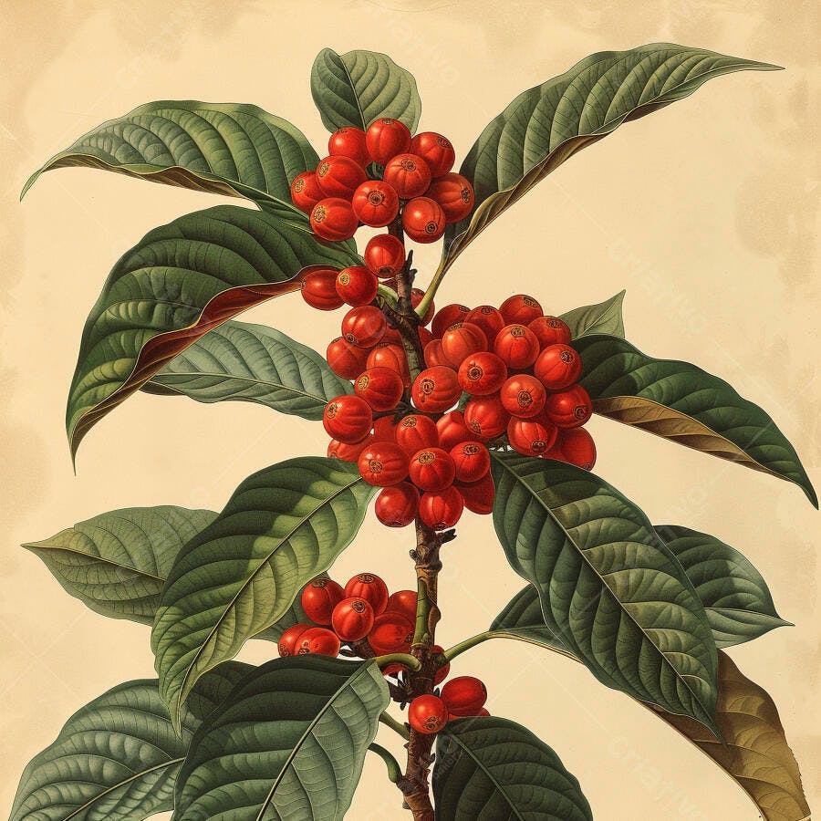 Planta de café com cerejas vermelhas ilustração botânica vintage