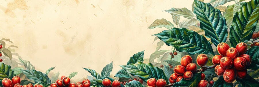 Ilustração vintage planta de café com folhas verdes e frutos vermelhos fundo creme