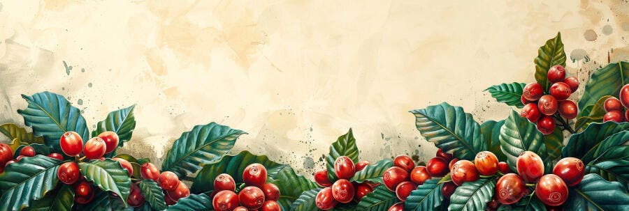 Café cereja vermelha e folhas verdes arte em aquarela fundo creme