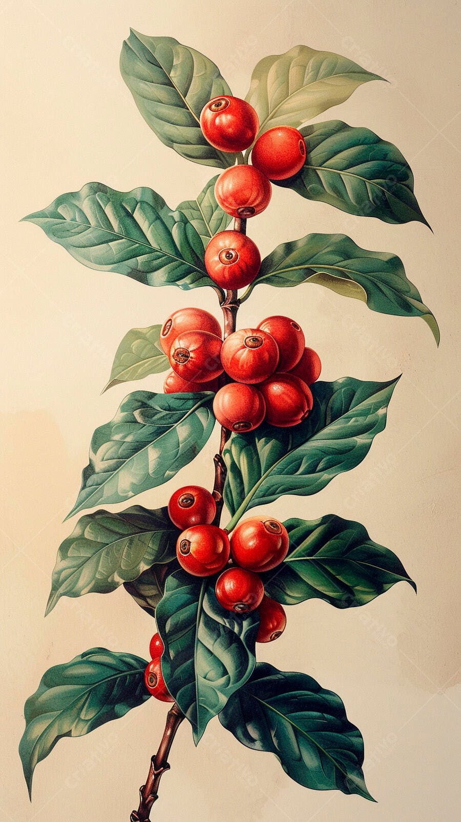Ramo de café com folhas verdes e frutos vermelhos maduros ilustração botânica