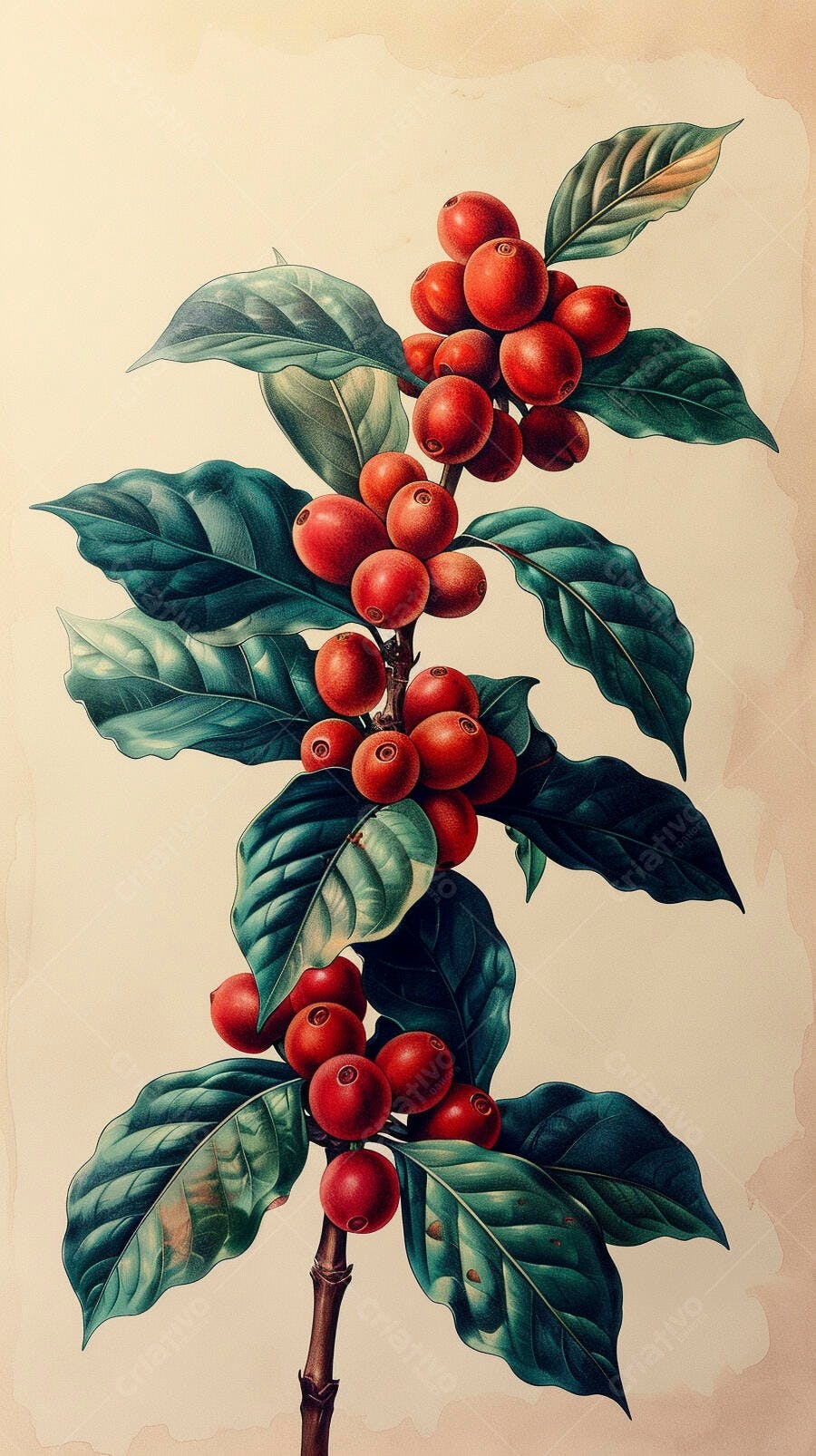 Ramo de café com frutos vermelhos maduros e folhas verdes ilustração botânica clássica