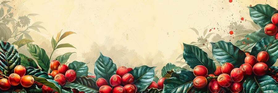 Cerejas de café vermelhas e folhas verdes em ilustração aquarela