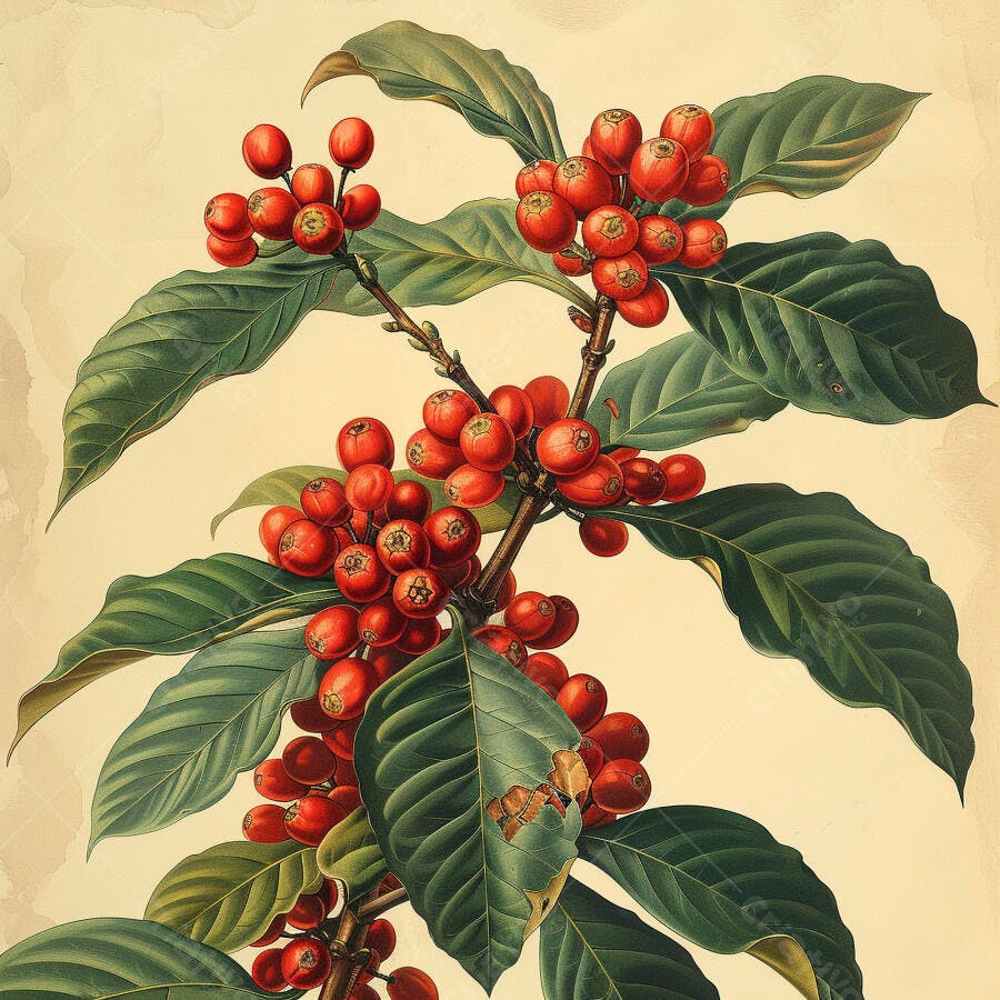 Frutos de café vermelhos e folhas verdes em ilustração botânica vibrante