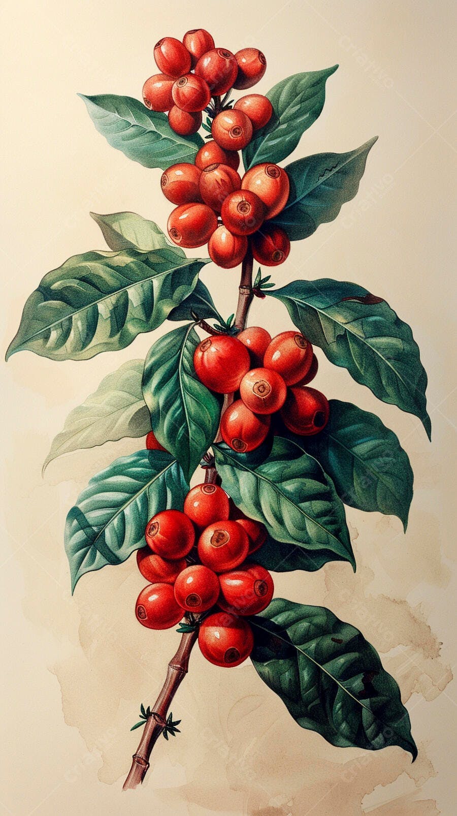 Cafezeiro com cerejas de café vermelhas vibrantes e folhas verdes escuras
