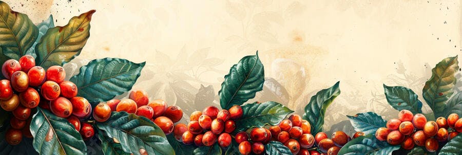 Frutos de café vermelhos e folhas verdes ilustração botânica em fundo claro