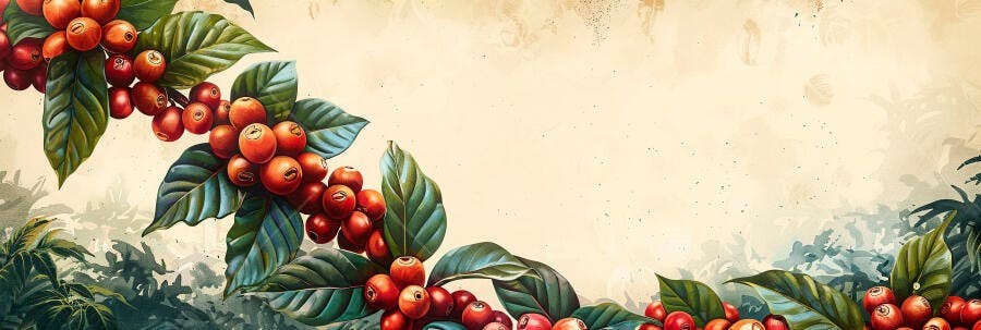 Cafeeiro com cerejas maduras e folhas verdes em ilustração botânica vintage