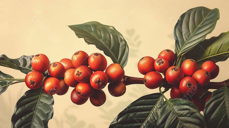 Grãos de café maduros vermelhos alaranjados em galho com folhas verdes escuras