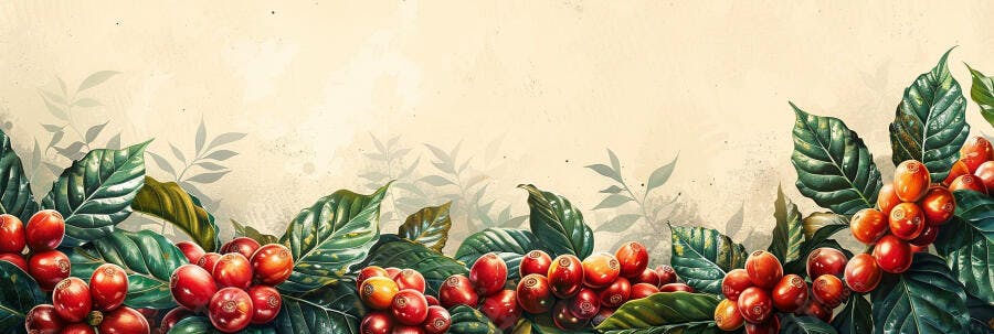 Cerejas de café vermelhas e folhas verdes vibrantes em plantação orgânica