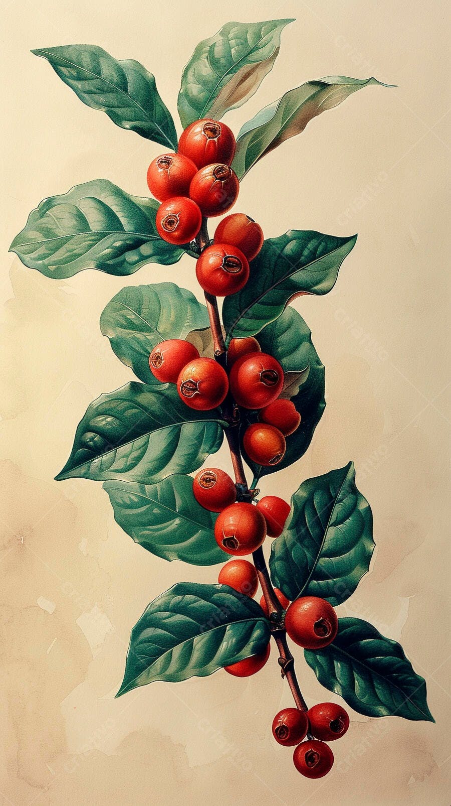 Cafetos maduros com folhas verdes em ilustração botânica vintage