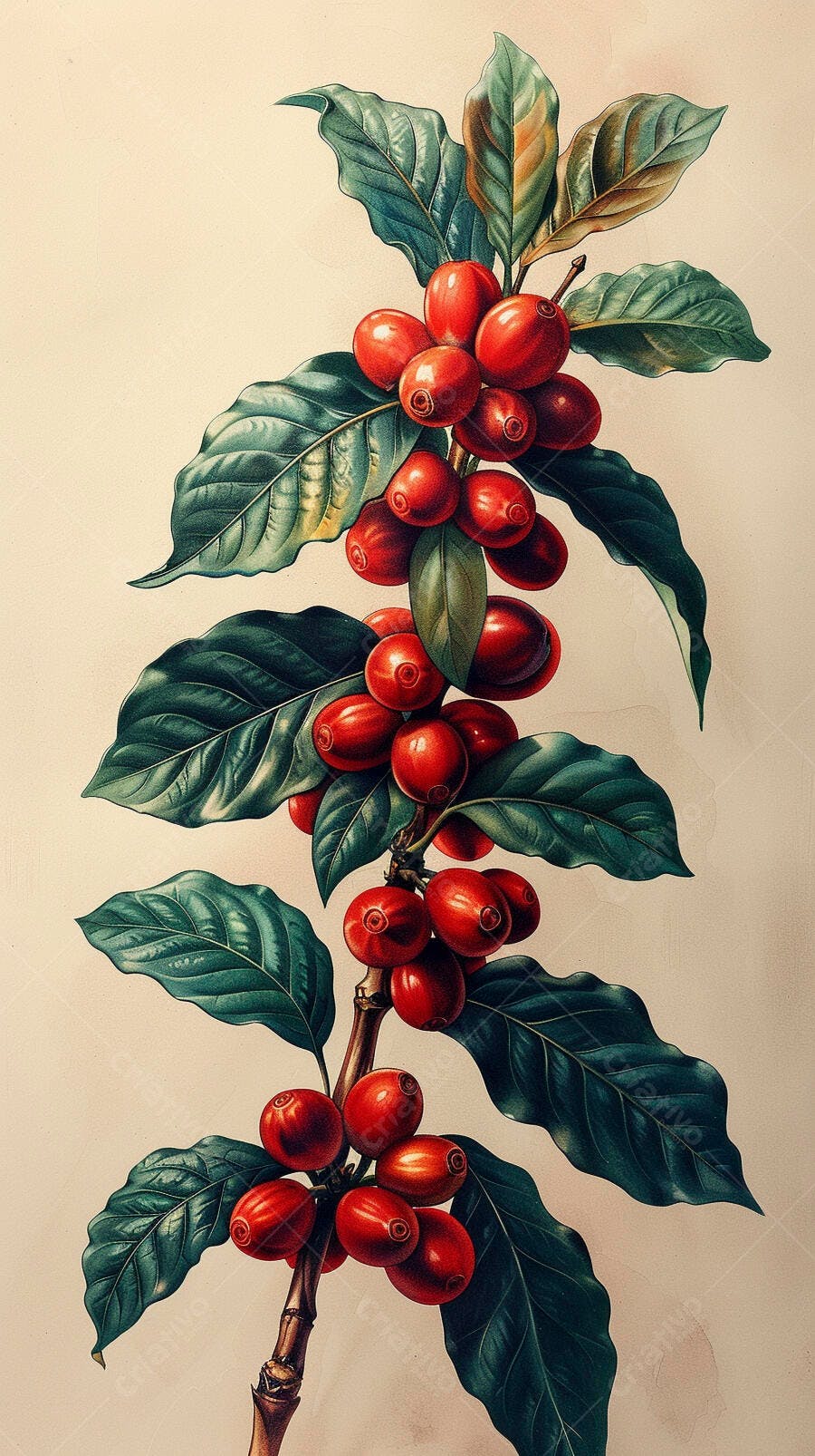 Ramo de café com grãos vermelhos maduros e folhas verdes ilustracao botânica