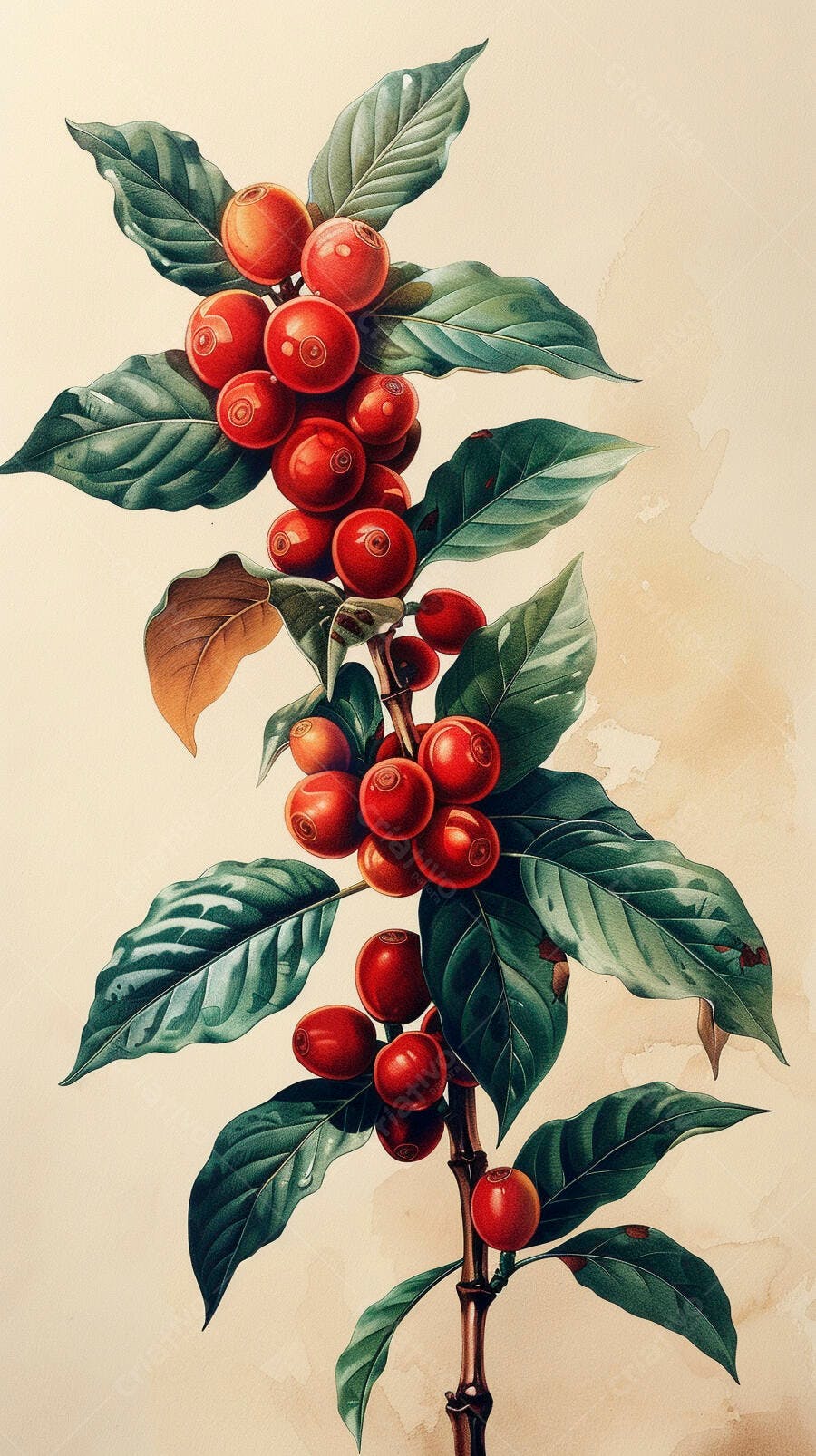 Ilustração ramo de café com frutos vermelhos e folhas verdes em aquarela