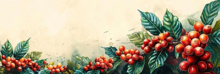 Café cerejas vermelhas e folhas verdes ilustração aquarela botânica