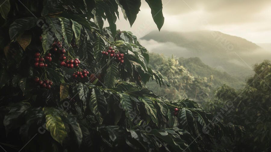 Pé de café com grãos vermelhos em plantação montanhosa com neblina matinal