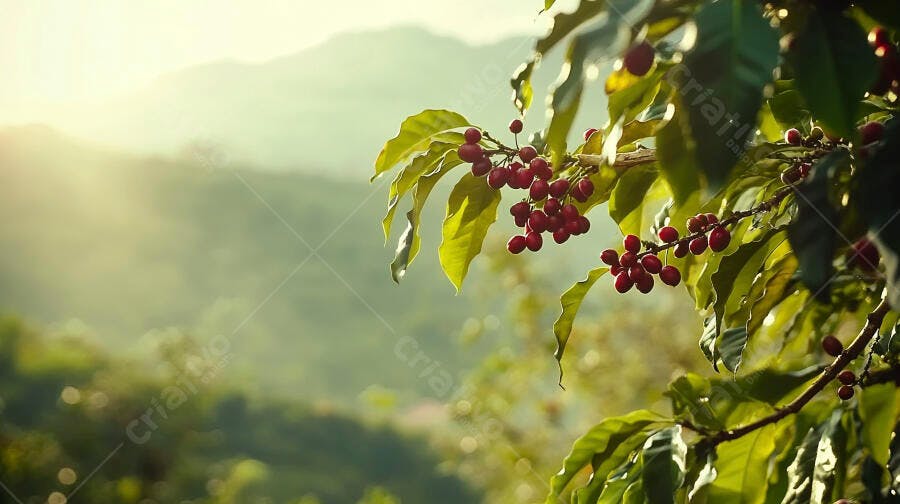 Grãos de café vermelhos maduros em planta verde sob sol brilhante na montanha