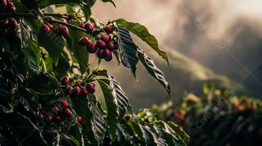 Pés de café com frutos vermelhos maduros em plantação tropical com neblina