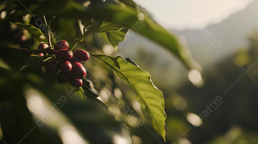 Frutos de café vermelhos maduros em folhagem verde de plantação