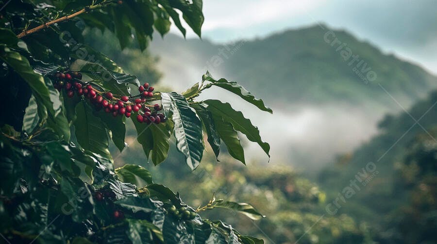 Grãos de café vermelhos maduros em cafezal com montanhas enevoadas